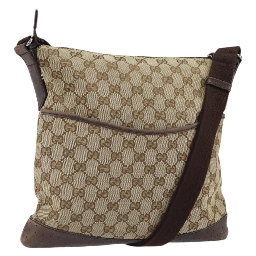 Authentic GUCCI GG Canvas Shoulder Bag Beige Silver 145857